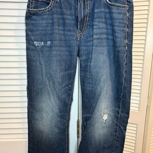Express Blue Blake Loose Fit Straight Leg Distressed Jeans
